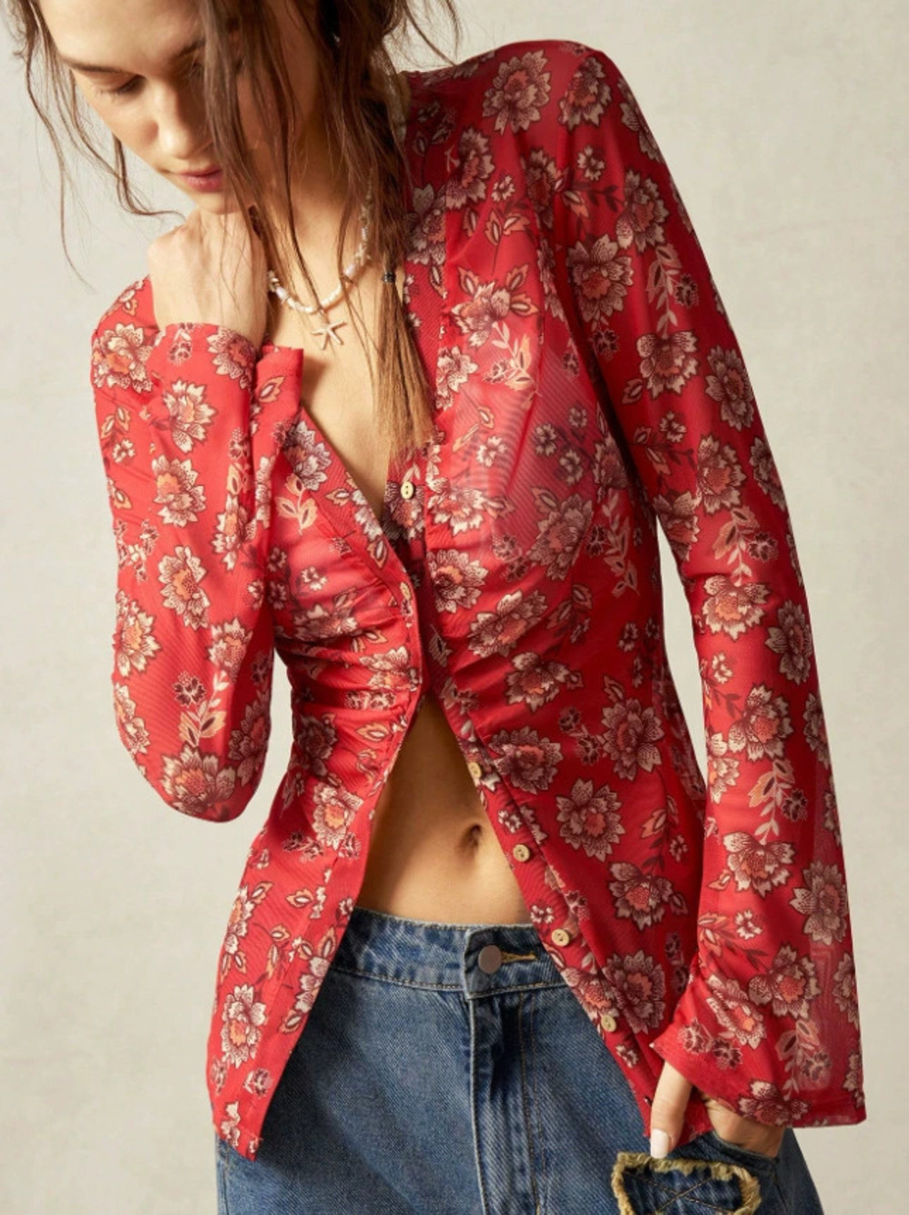 Zara Bohemian Knitted Collar Long Bell Sleeve Blouse Spring Fall